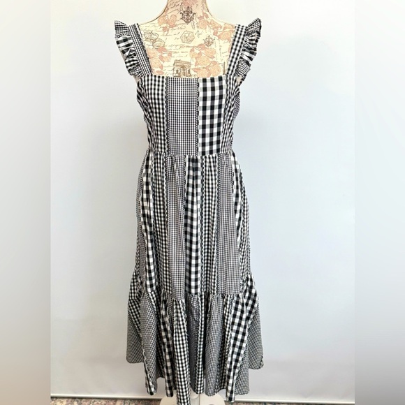 CROSBY by Mollie Burch Black and White Gingham ruffle strap midi dress size S - Picture 4 of 16